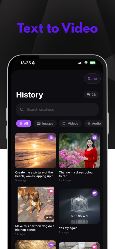 Clippi app history screen showing a gallery of AI generated videos and images from text prompts.