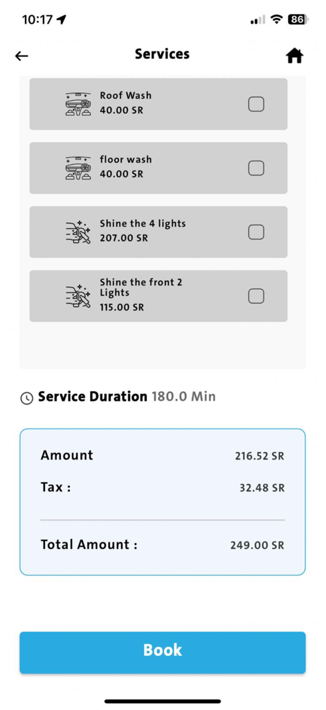 Flash Wash - فلاش واش - Flash Wash app services screen displaying car wash options and total booking amount