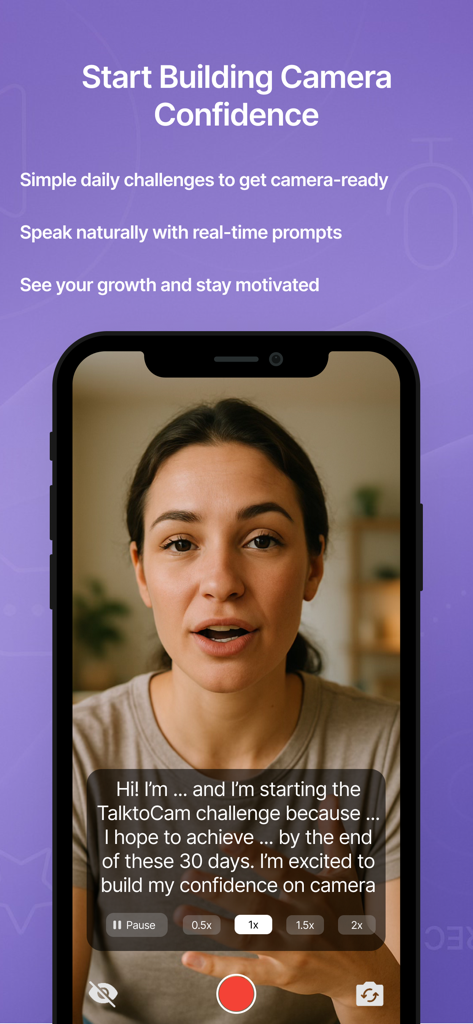 Talk To Cam: Confidence App - Una mujer usando la aplicación Talk To Cam para practicar hablar ante la cámara con texto de desplazamiento.