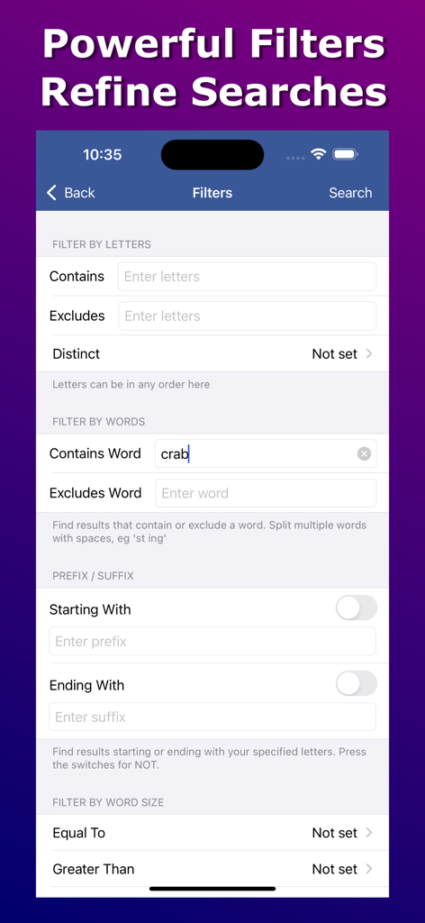 Anagram Solver - Crosswords - アナグラムソルバーアプリのインターフェース。文字、単語、単語サイズに関するさまざまな検索フィルターを表示しています。
