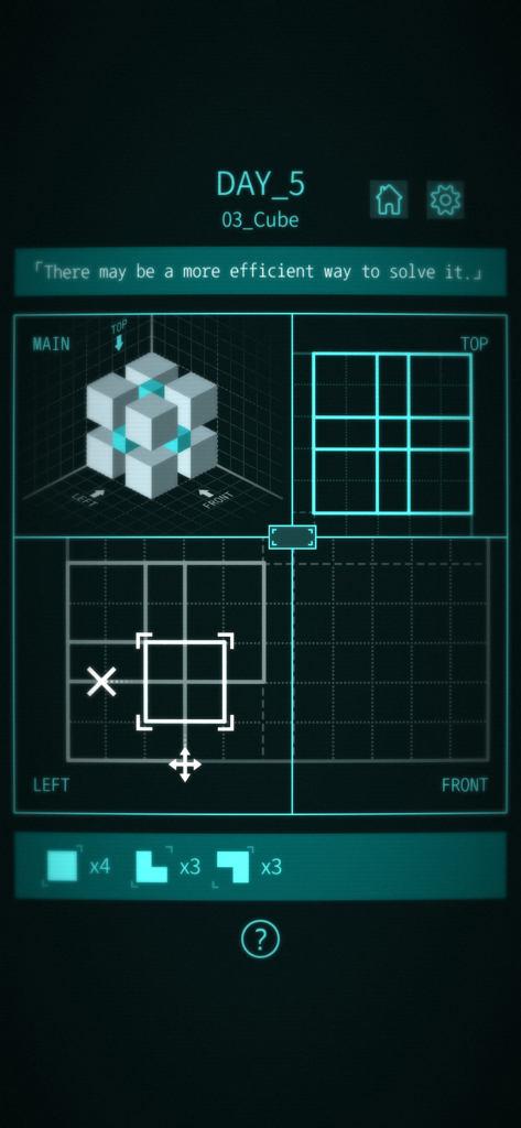 Viewport - The Game - A technical interface showing 3D and 2D views of a cube puzzle in Viewport The Game