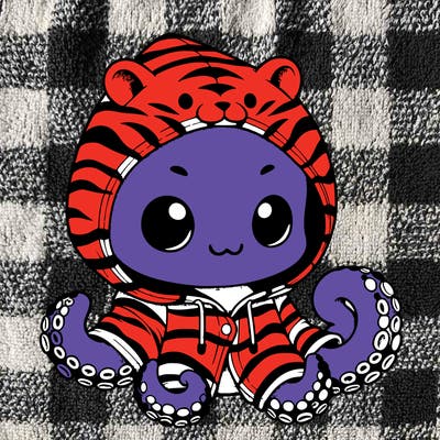 a cute realistic octopus wearing a tiger hoodie