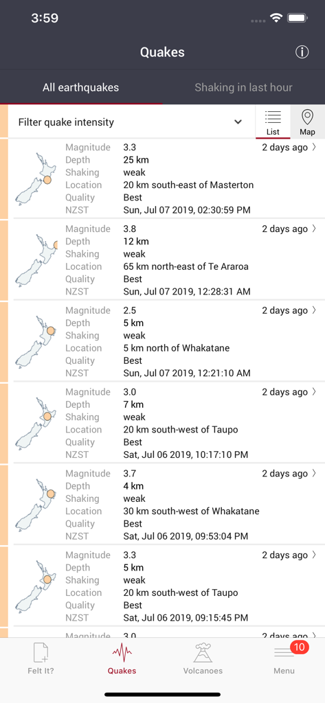 List of recent earthquakes in New Zealand with magnitude and intensity details on the GeoNet Quake app