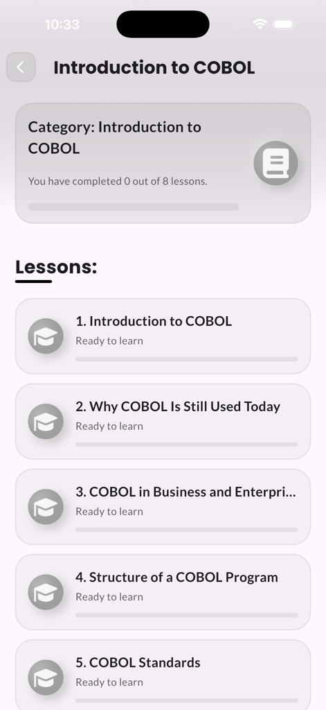 Learn Cobol Programming Pro - A list of COBOL programming lessons in the mobile app