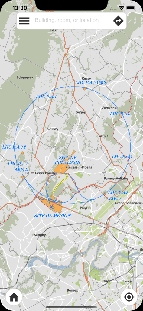 Navigation screen of MapCERN app showing the CERN campus map with LHC experiment sites.