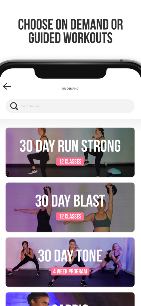 Bodylura-App-Oberfläche mit einer Liste von On-Demand-Workout-Programmen, einschließlich Run Strong und Blast