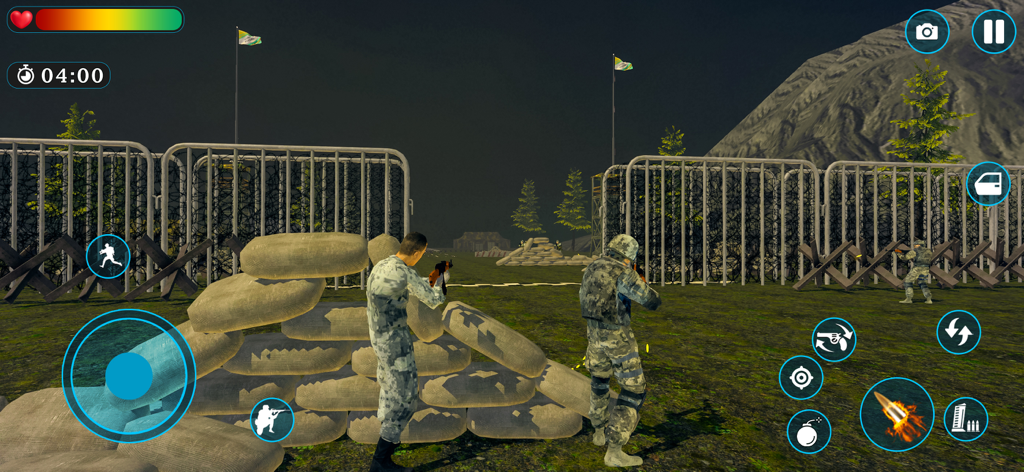 Operation War Clash of Armies - Two soldiers in camouflage gear taking cover behind sandbags on a realistic military battlefield.