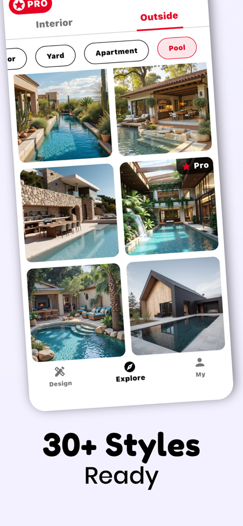 Decor Master-AI Home Design - Decor Master app interface showing a variety of AI generated luxury outdoor pool design styles