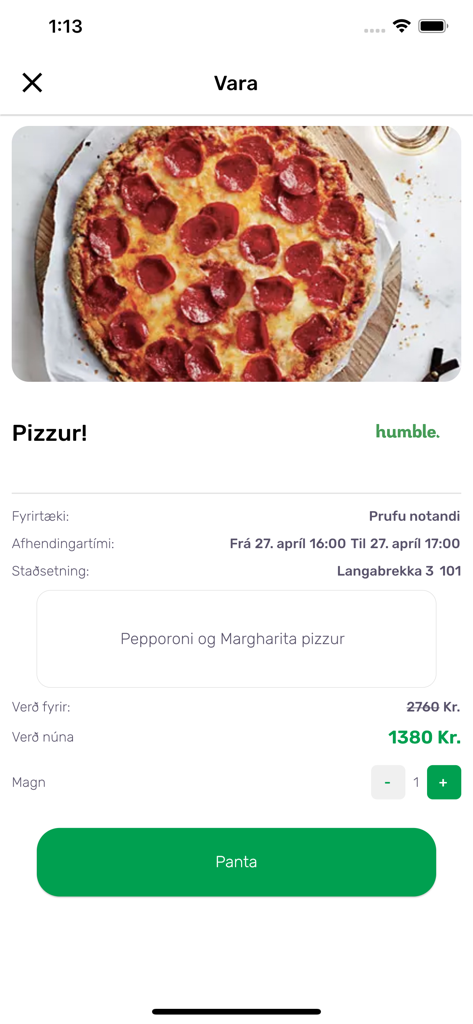 Humble - Interfaz de la aplicación Humble mostrando una pizza de pepperoni con descuento con precios original y de oferta