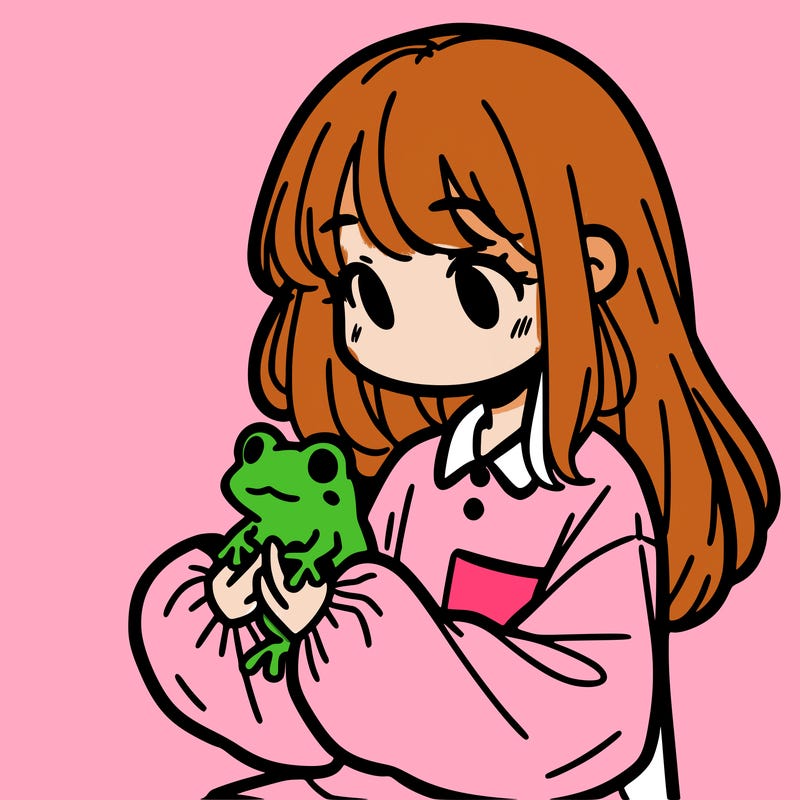 girl with long hair and a oversized shirt. and she is holding a frog