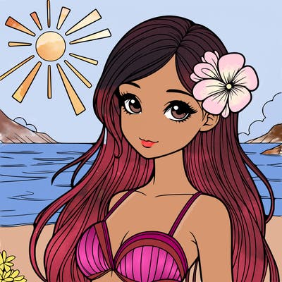 realistic girl with a flower on her hair and standing outside in the sun at the beach with a swimsuit on