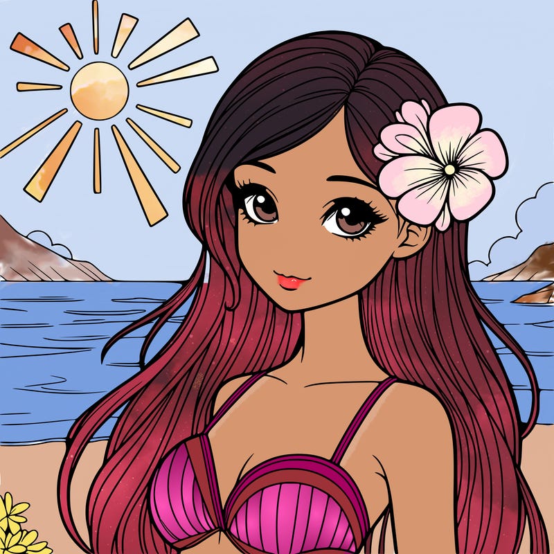realistic girl with a flower on her hair and standing outside in the sun at the beach with a swimsuit on