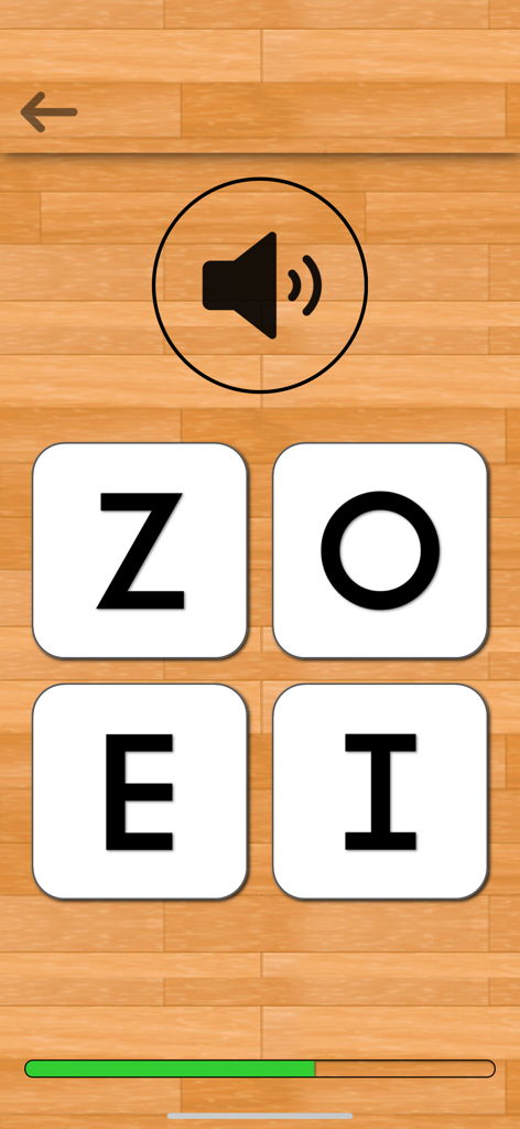 English 101 - Learn to Write - Pantalla de cuestionario de reconocimiento de alfabetos con opciones de letras y un botón de pronunciación