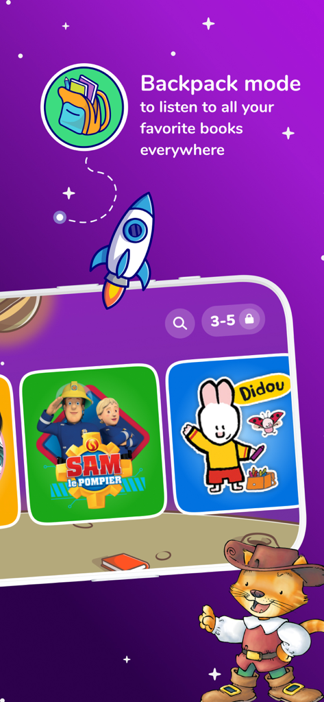 Kidjo Stories & Audio for kids - Kidjo Stories mobile app interface highlighting the Backpack mode for offline listening of kids audiobooks