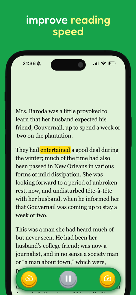 Speed Reading App - TurboRead - Interfaz de la aplicación TurboRead mostrando un pasaje de texto con un resaltado de palabra pacer para mejorar la velocidad de lectura