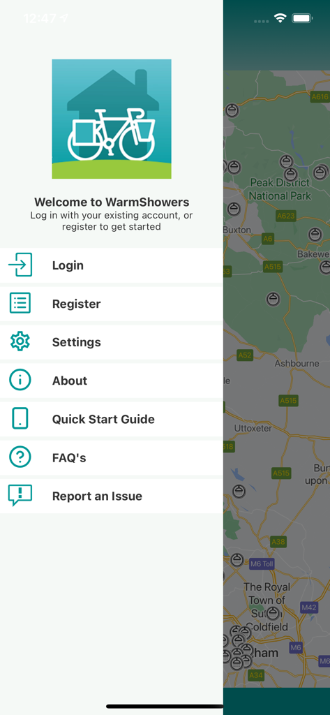 Warmshowers App - Main navigation menu of the Warmshowers app for touring cyclists displayed over a map