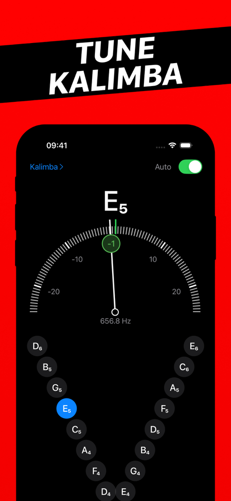 Kalimba Tuner - Mobile app interface showing a precision tuner dial and note layout for a Kalimba