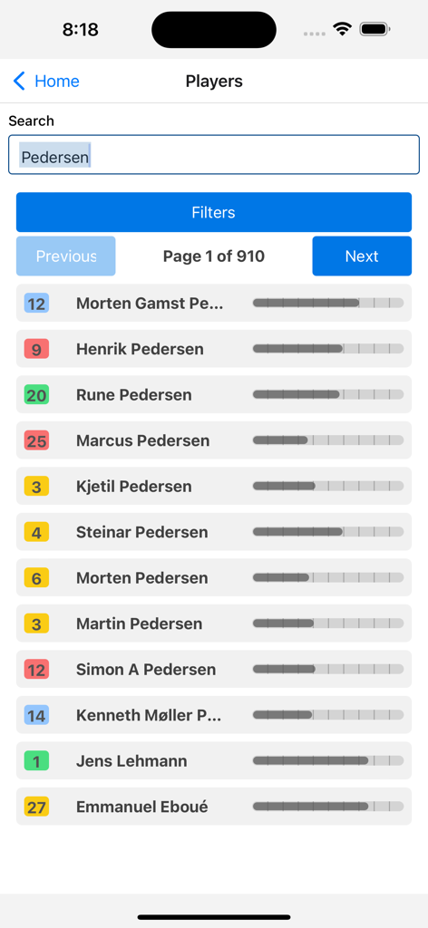 LMA Manager Hub - A list of soccer players in the LMA Manager Hub app database search screen