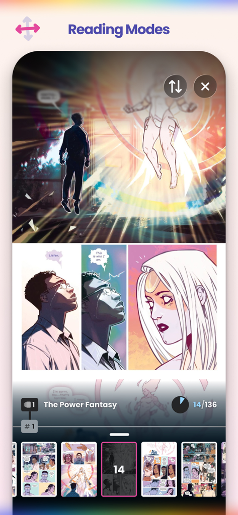 Sweet Shop — Find Your Comic - Sweet Shop app interface showing a comic book reader with reading modes and page navigation.