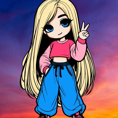 realistic girl with long hair and baggy sweat pants doing the peace sign