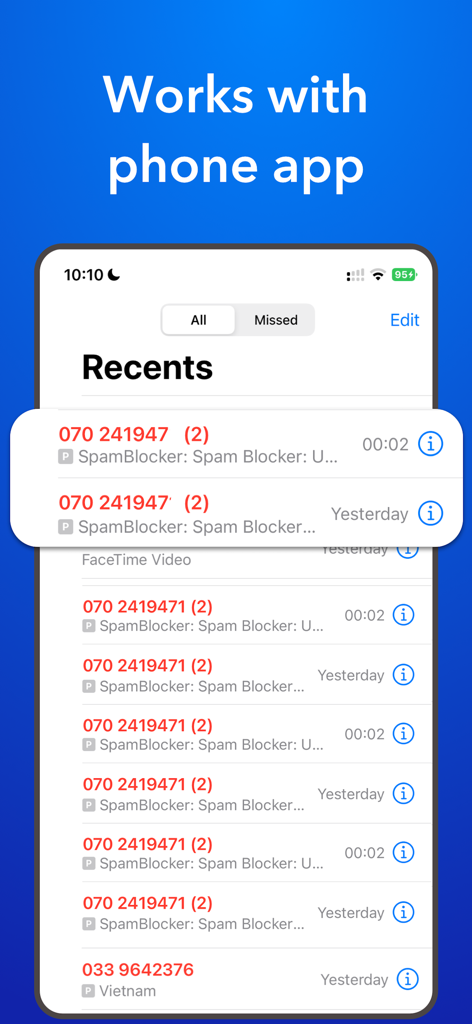 Call Filter - Caller ID - iPhone recents list displaying spam labels on incoming calls from the Call Filter app.