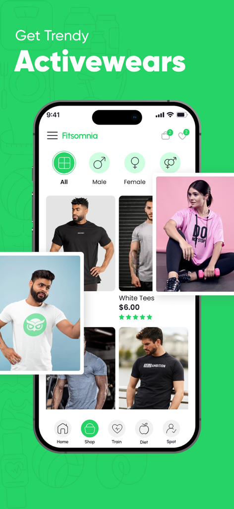 Fitsomnia: AI Fitness App - Fitsomnia Mobile App-Shop-Oberfläche mit trendiger Activewear und Fitnesskleidung