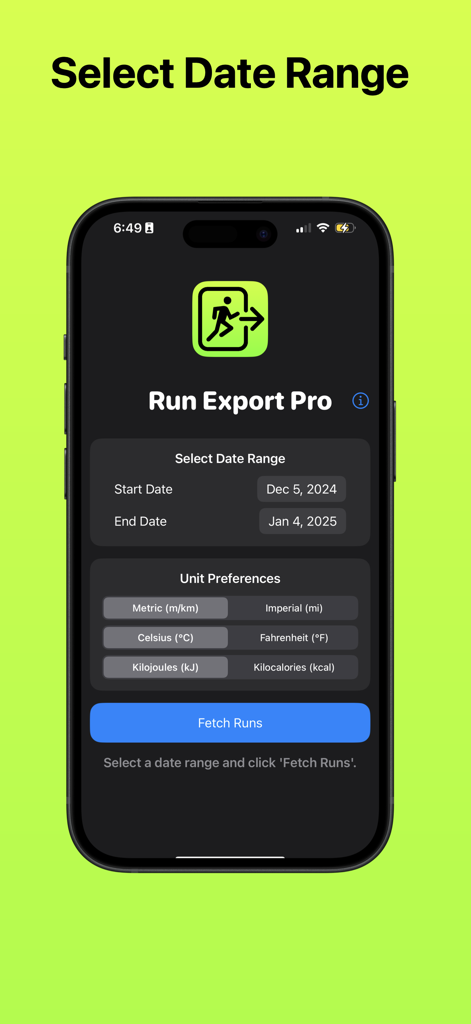 Run Export Pro - Settings screen in Run Export Pro for selecting a date range and unit preferences before exporting running data