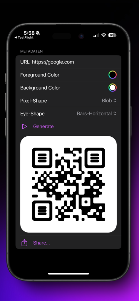 Simple QR Generator - Mobile screen showing QR code customization options including URL input, color pickers, pixel shapes, and a generated QR code.