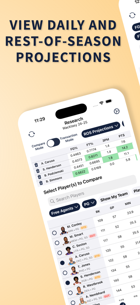 FantasyHoops AI - Tela de pesquisa do FantasyHoops AI mostrando projeções de jogadores de basquete para o resto da temporada