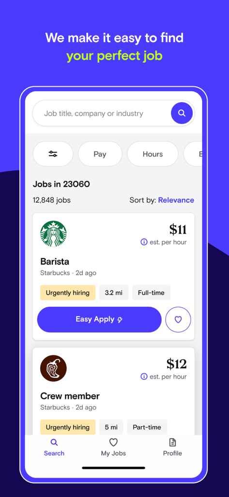 Snagajob app screen showing local hourly job listings with an easy apply button and search filters.