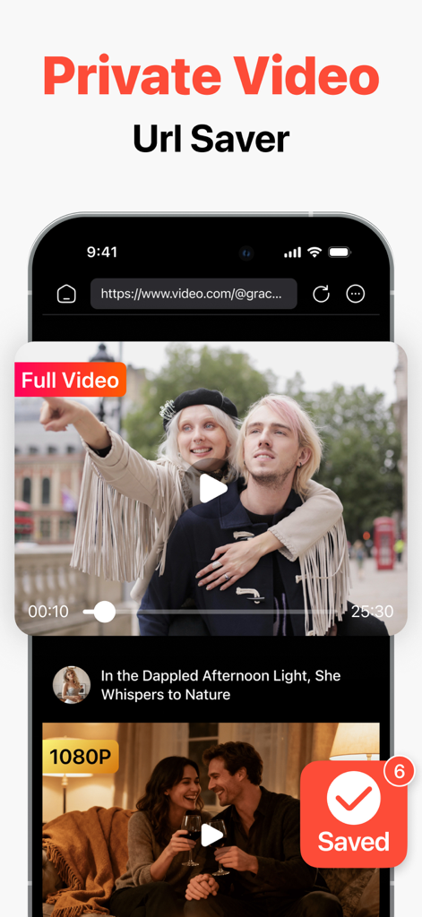 Interface do aplicativo Private Video Saver mostrando um vídeo sendo salvo de um navegador da web.