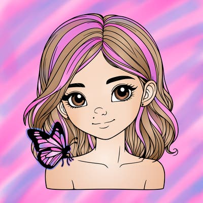 realistic girl with butterfly on shoulder