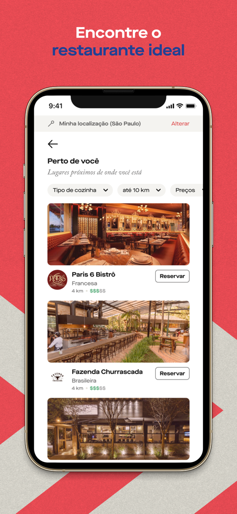 iPhone screen showing the Get In app restaurant discovery page with nearby dining options and reservation buttons