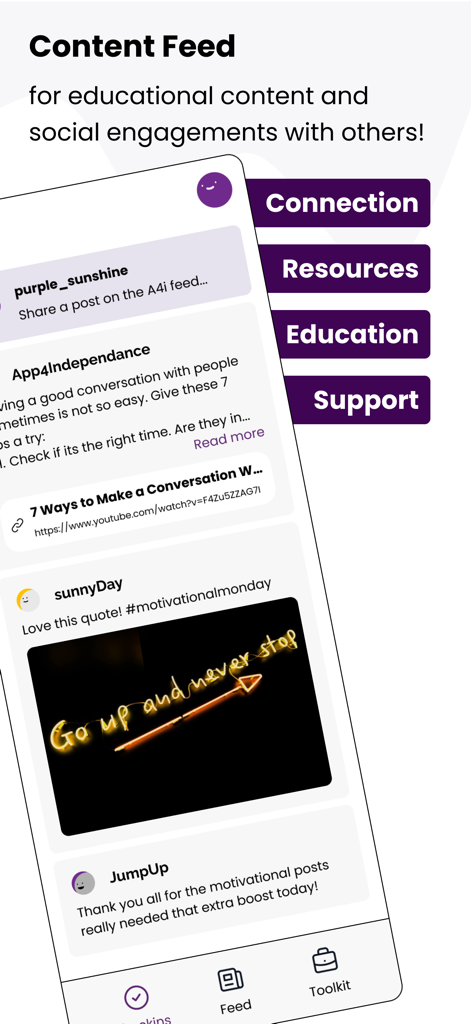 A4i - The A4i app content feed showing educational resources and motivational posts from the community