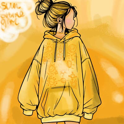 realistic girl with a oversized sweatshirt on and a bun