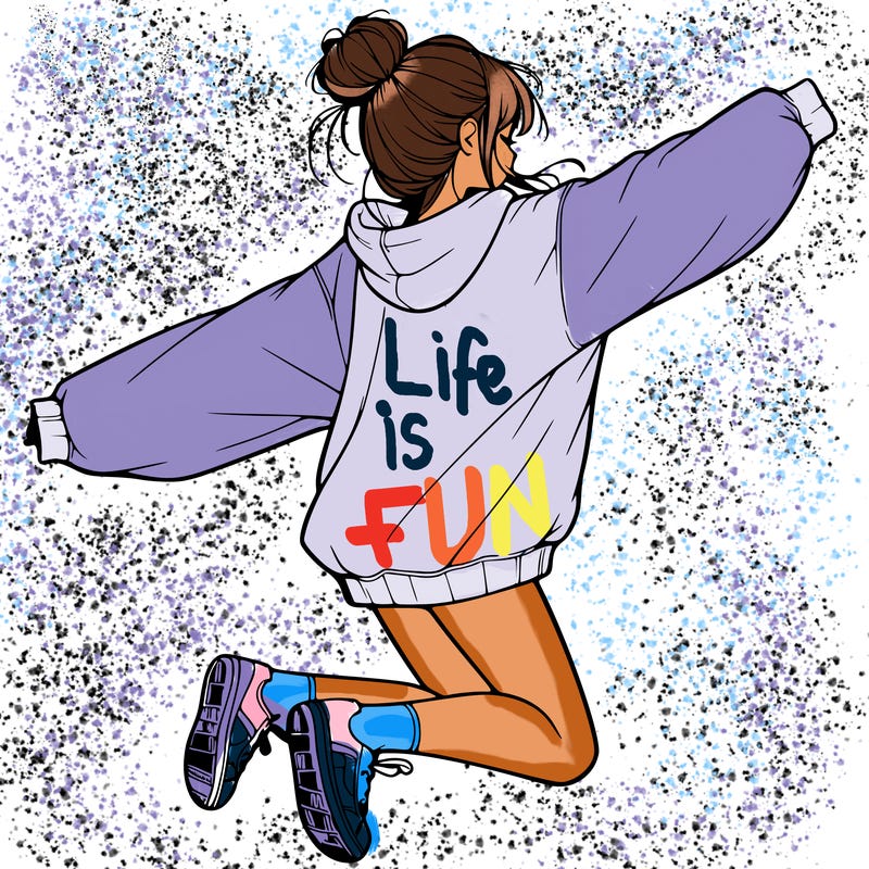 realistic girl jumping with a bun and oversized sweatshirt