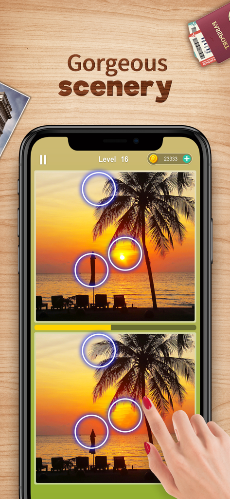 Difference Find Tour - A hand playing a spot the difference game on a mobile phone featuring tropical beach sunset photos
