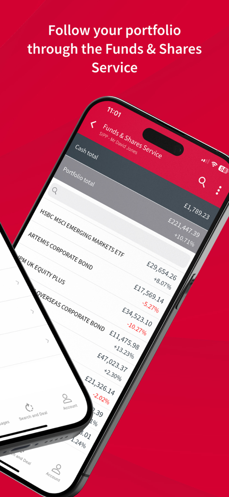 AJ Bell Investcentre app screenshot displaying a financial portfolio with funds and shares performance on a mobile device.