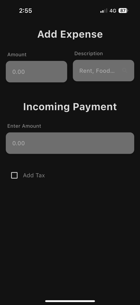 Wage Splitter - Interface for manually adding expenses and incoming payments in the Wage Splitter app