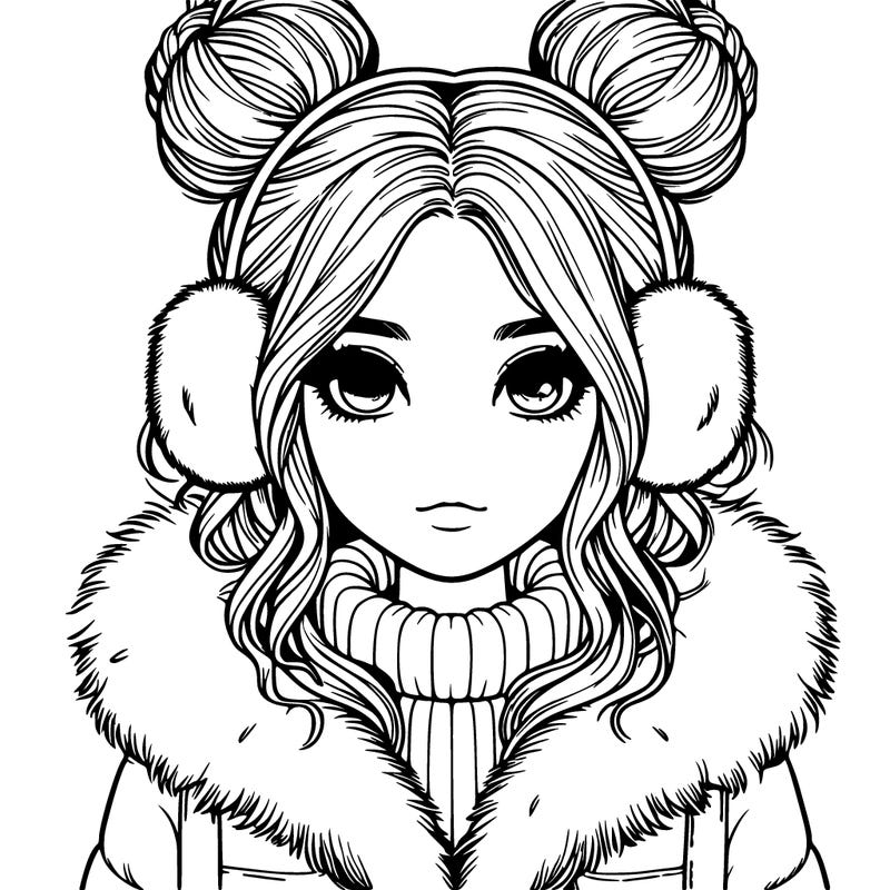 realistic girl with buns on her head wearing fur coat and earmuffs