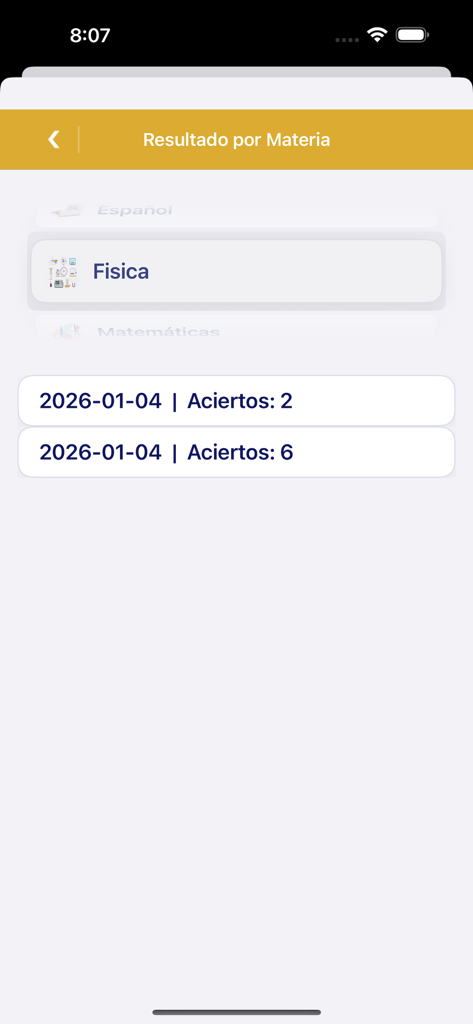 Mi guia UNAM PRO - Schermata dei punteggi dei test di fisica e monitoraggio dei progressi all'interno dell'app Mi guia UNAM PRO