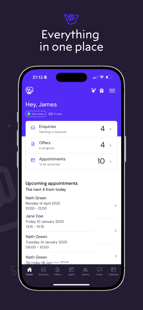 Dashboard of the Get Ink app showing a summary of enquiries, offers, and upcoming appointments for a tattoo artist.