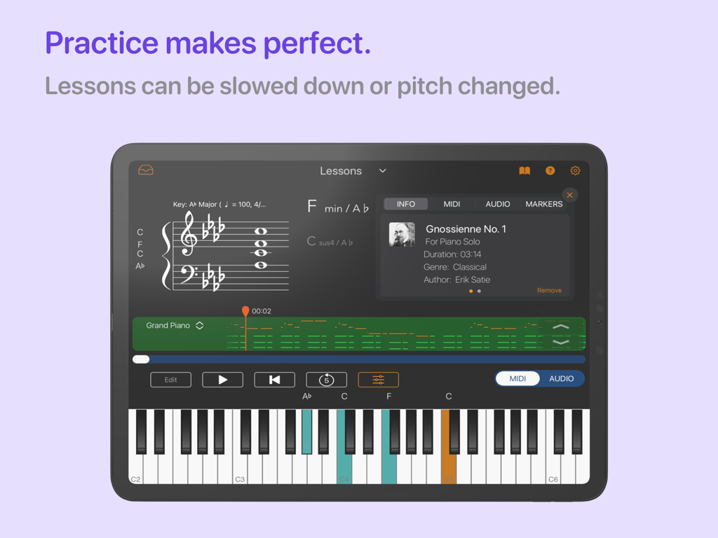 Chordio: compose & learn music - Chordio app piano lessons workspace showing sheet music and an interactive keyboard on an iPad