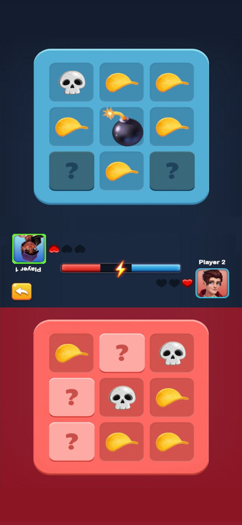 Chip Blast Challenge: 2 Player - Two player split screen gameplay of Chip Blast Challenge showing grids with chips and bombs
