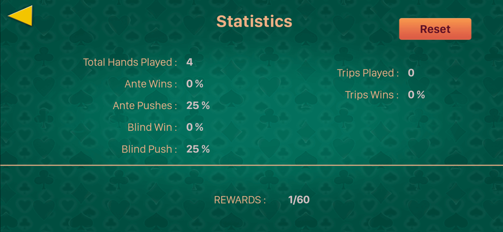 Ultimate texas holdem Poker - Schermata delle statistiche dell'app Ultimate Texas Holdem Poker che mostra percentuali di vittoria e mani totali giocate.