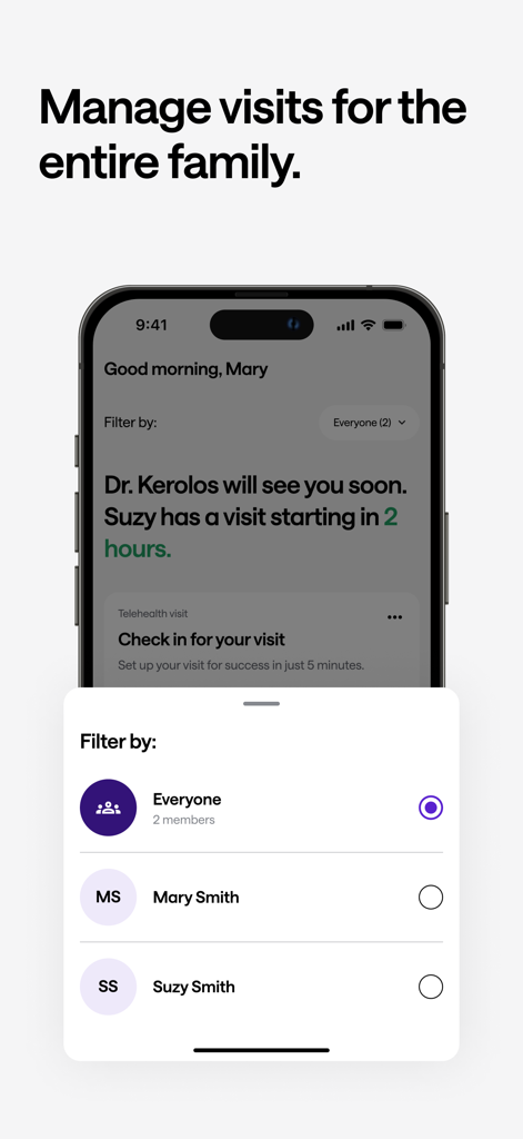 Sesame: Telehealth Care & More - Sesame app interface showing a family filter menu to manage medical visits for multiple family members