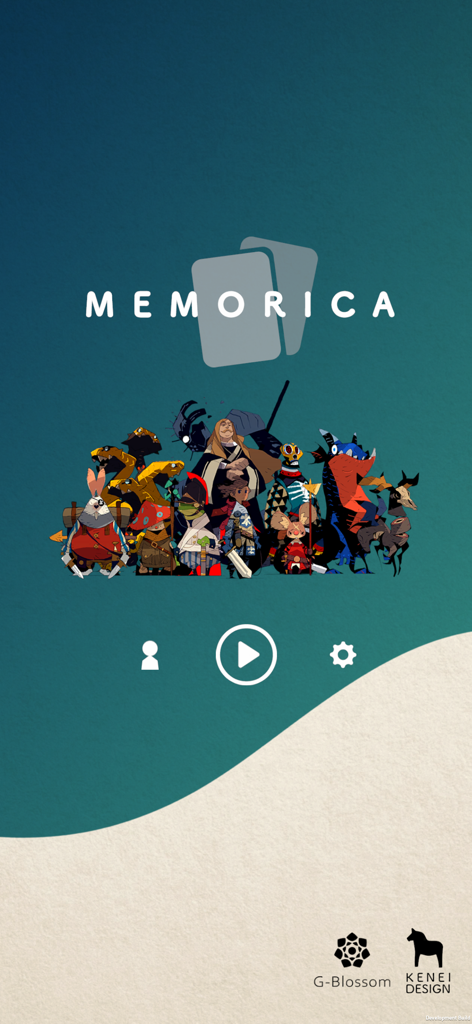 MEMORICA - Home screen of the MEMORICA mobile game featuring stylized fantasy characters and a play button