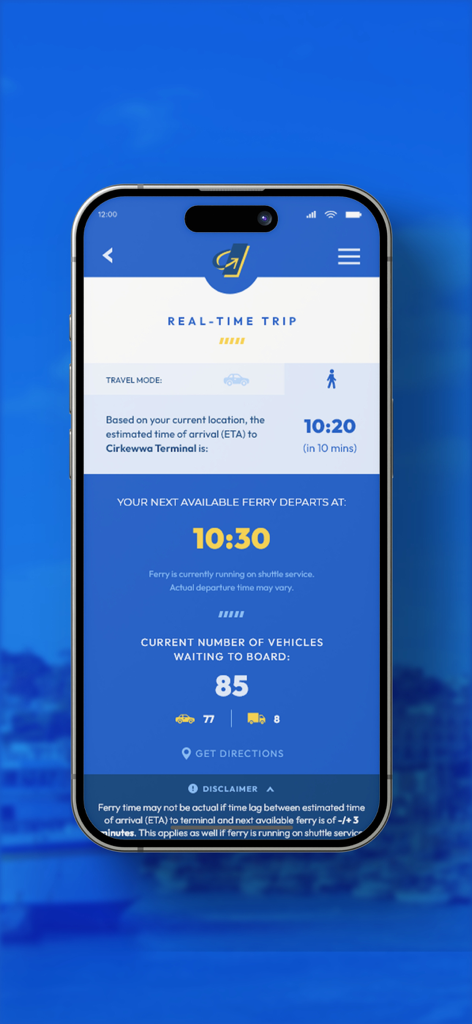 Gozo Channel app displaying real time ferry departure and vehicle queue information
