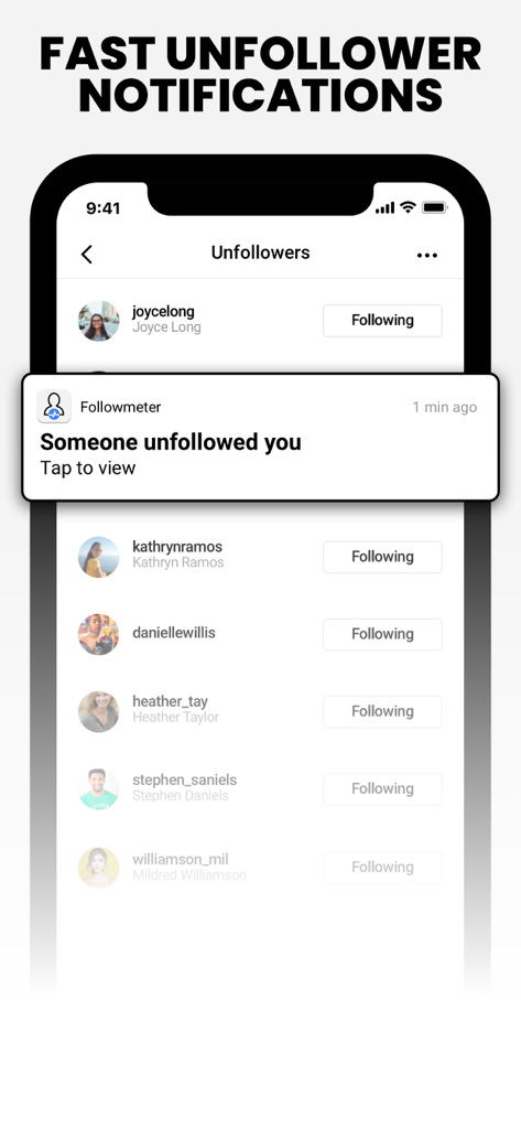 FollowMeter for Instagram - Notificación push en la pantalla de un smartphone de la app FollowMeter indicando que alguien te dejó de seguir, sobre una lista de perfiles de Instagram