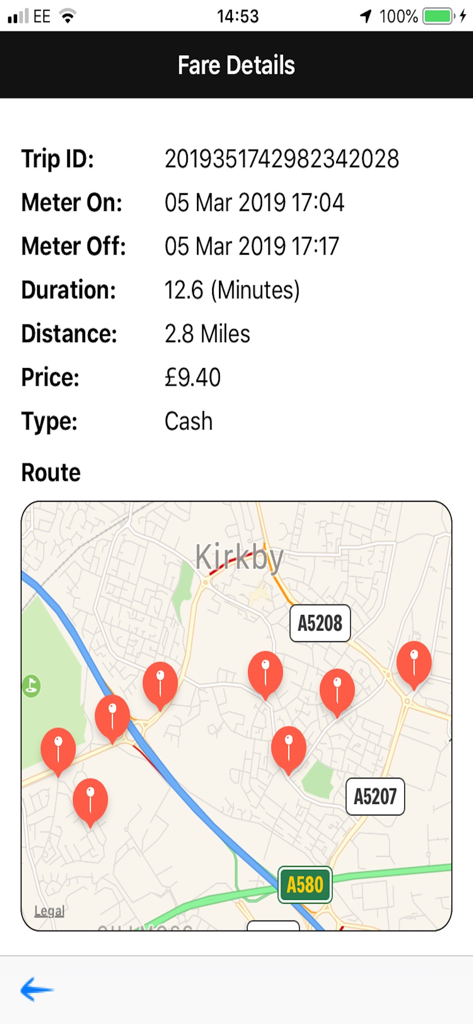 UK Taxi Buddy - Screenshot of the UK Taxi Buddy app showing detailed fare information including duration, distance, price, and a map of the route